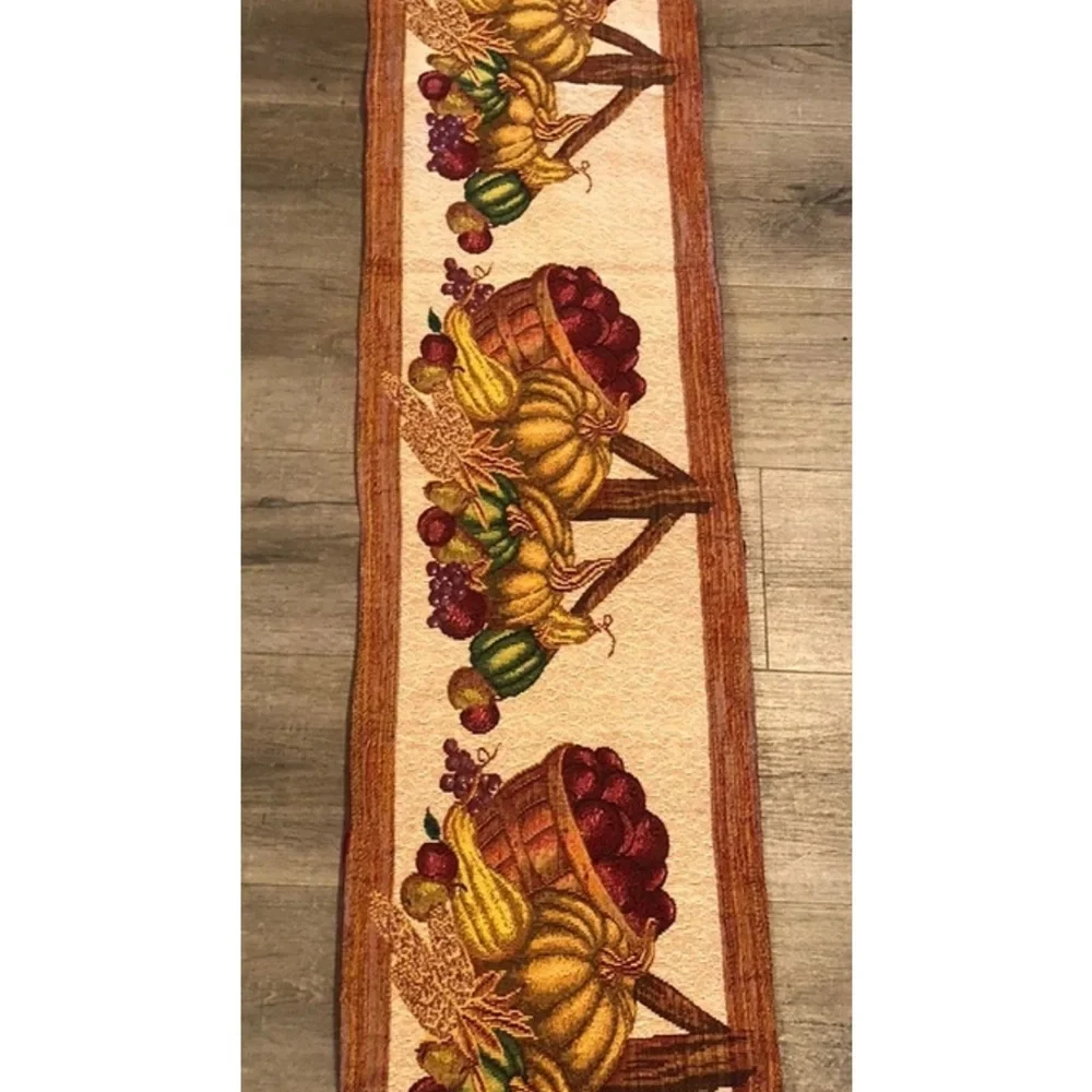 Thanksgiving Fall Tapestry Table Runner Pumpkins Grapes‎ Apple Basket 70x12